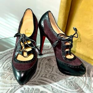 Christian Louboutin black leather & maroon suede lace up platform heels